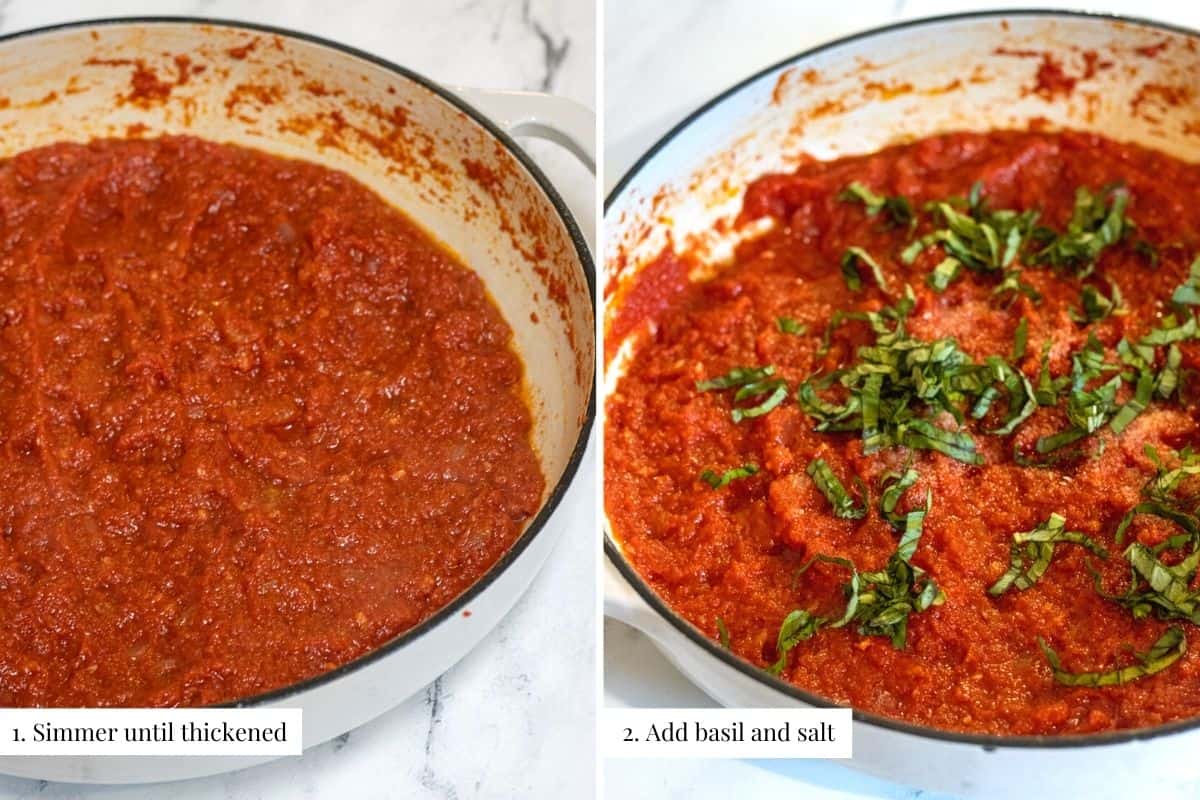 Simmered tomato sauce in a dish and then sliced basil added to it.