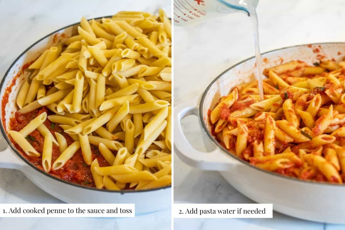 Two part image showing penne added to the tomato sauce and then the pasta water being poured in.