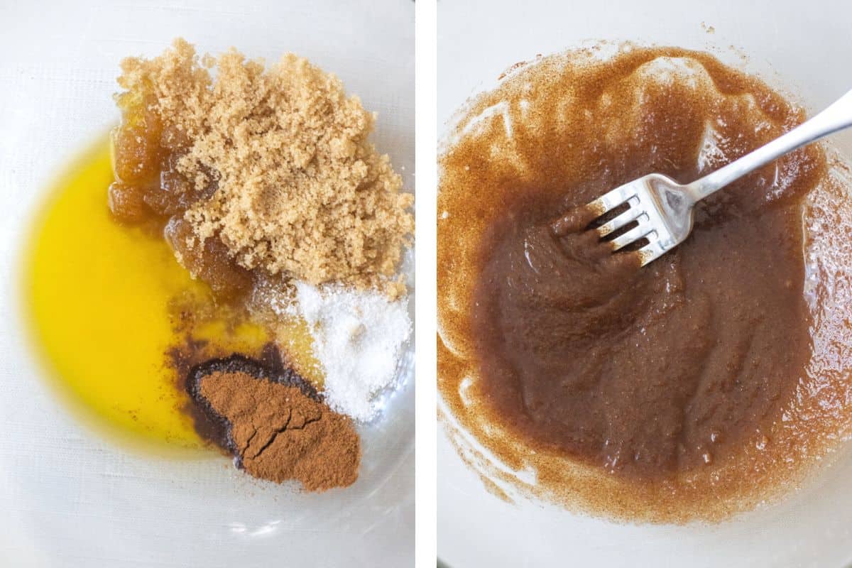 Melted butter, brown sugar, cinnamon, and salt in a bowl then mixed together with a fork.