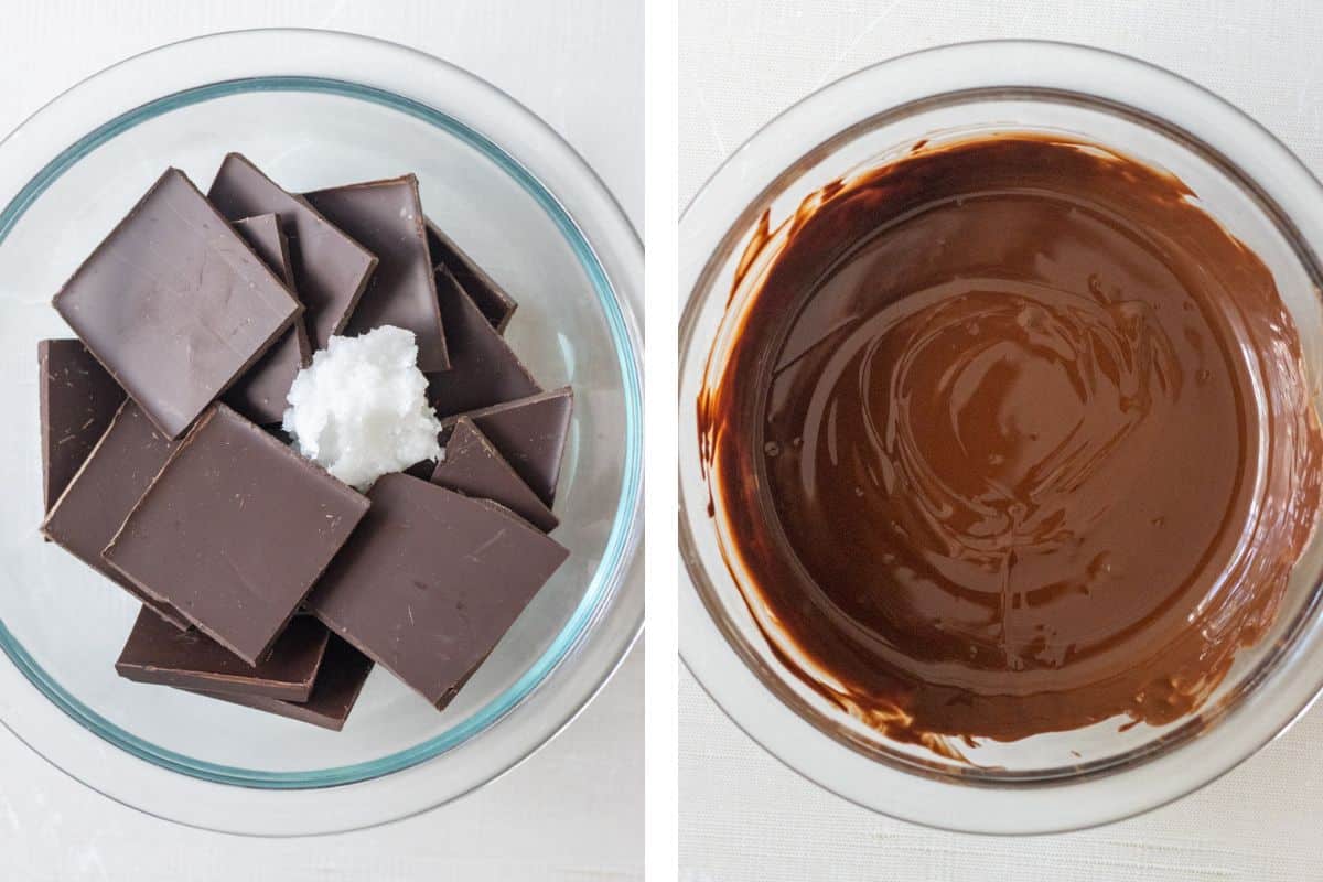 Chocolate pieces and coconut oil in a bowl and then melted together.