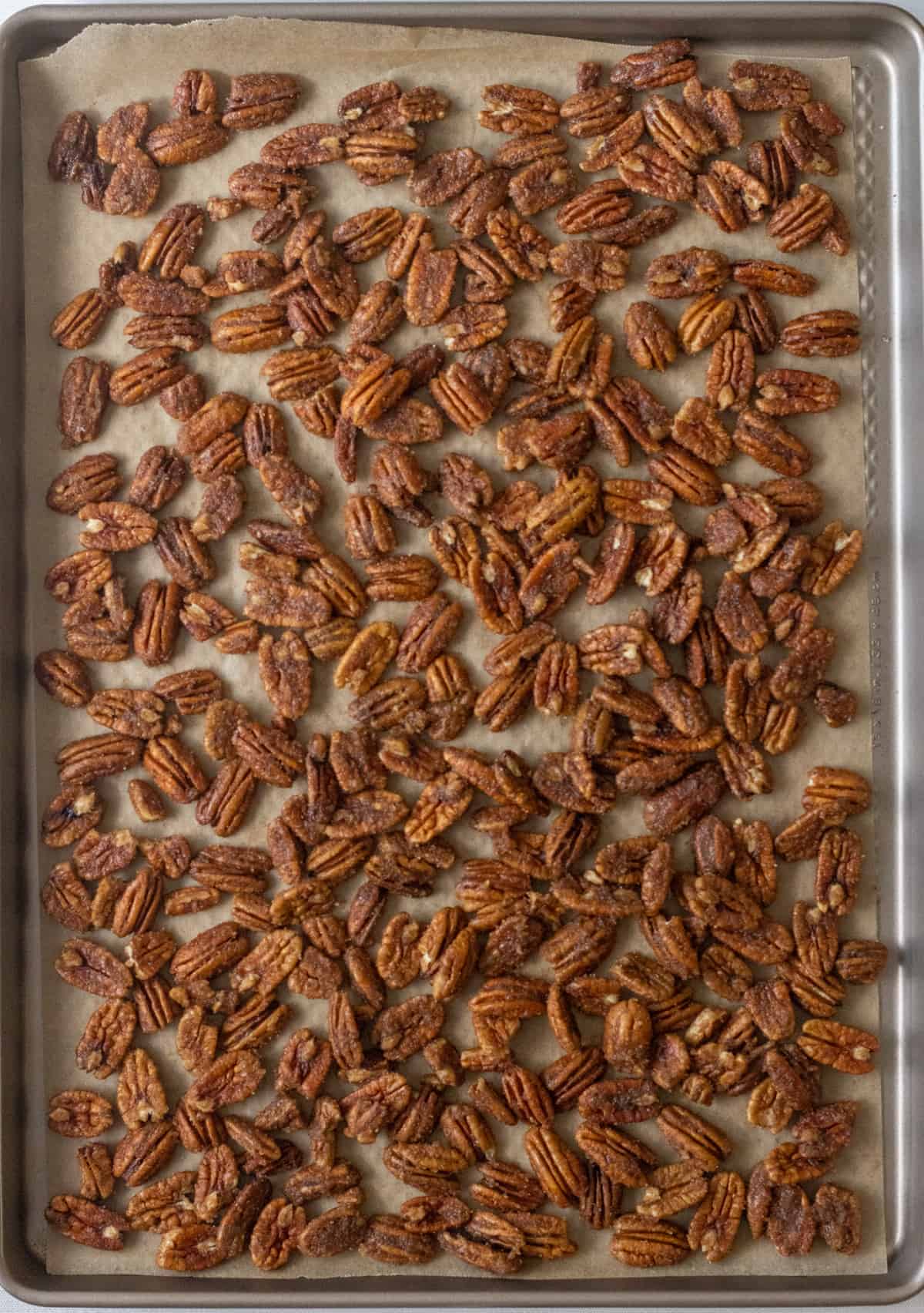 Candy coated pecan halves spread out on a parchment lined baking sheet.