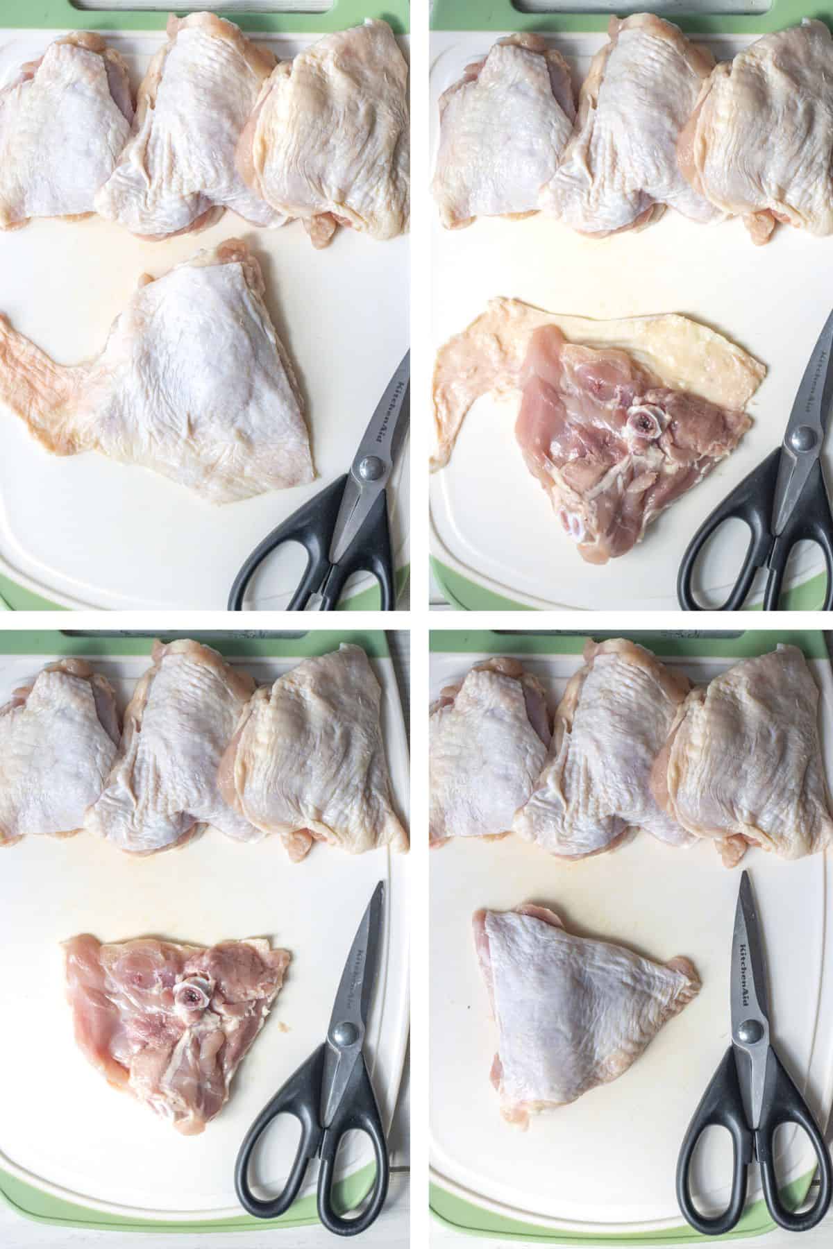 Four part grid showing raw chicken thighs with excess skin and fat being cut away.