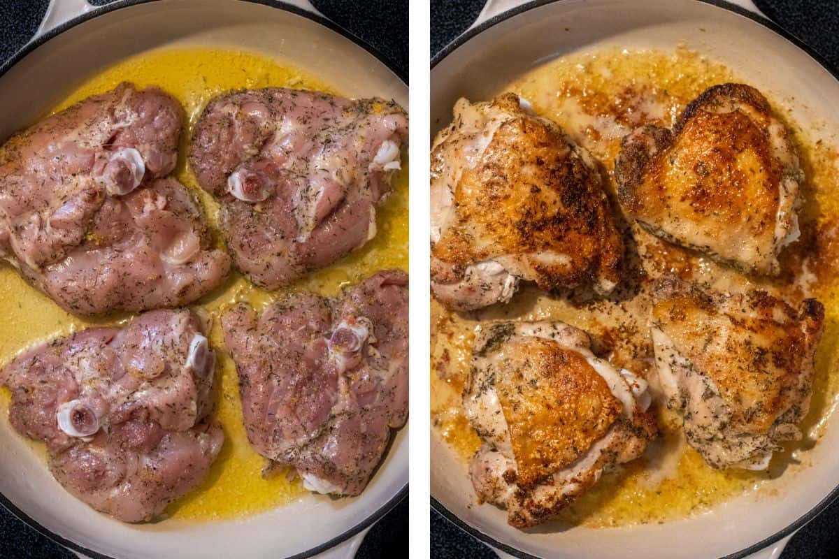 Chicken thighs sautéing in a pan.