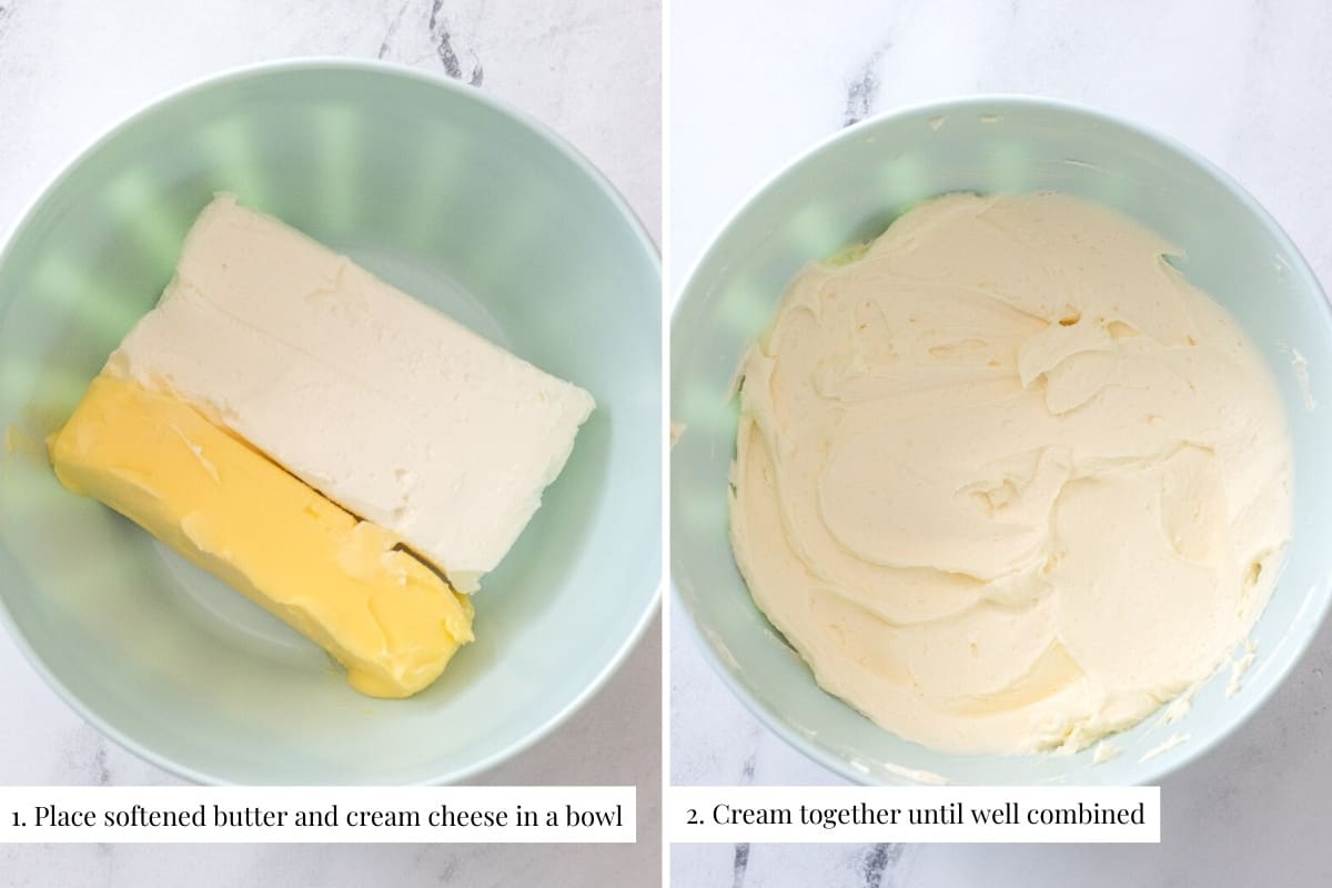 Butter and cream cheese in a bowl and then creamed together.