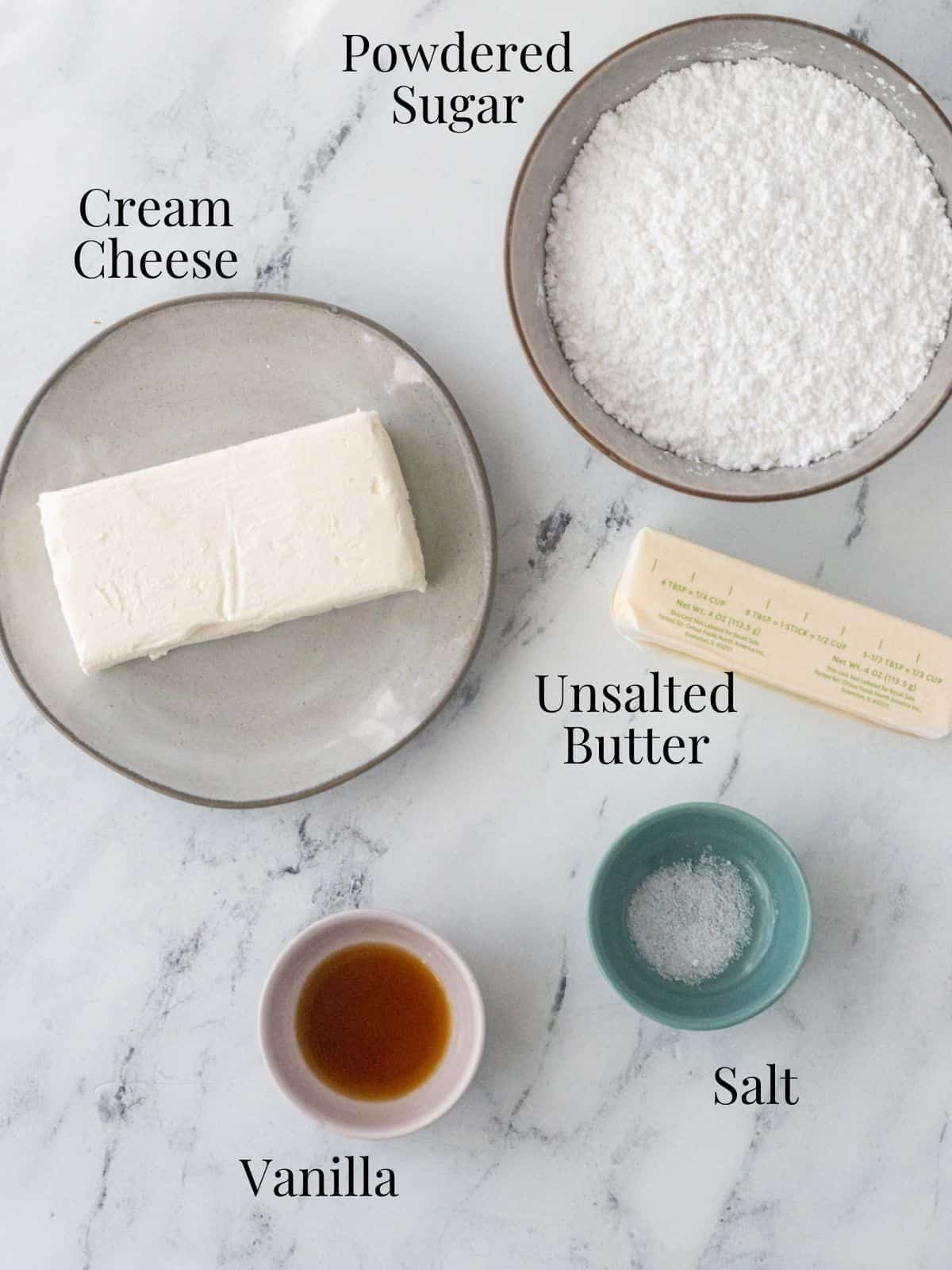 Ingredients for cream cheese frosting labeled.