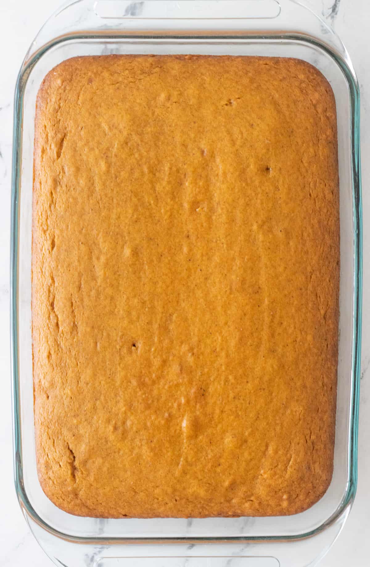 Unfrosted pumpkin cake in a 9x13 glass baking dish.