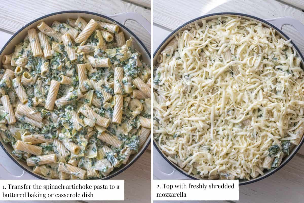 Spinach artichoke pasta in a casserole dish then topped with shredded mozzarella.