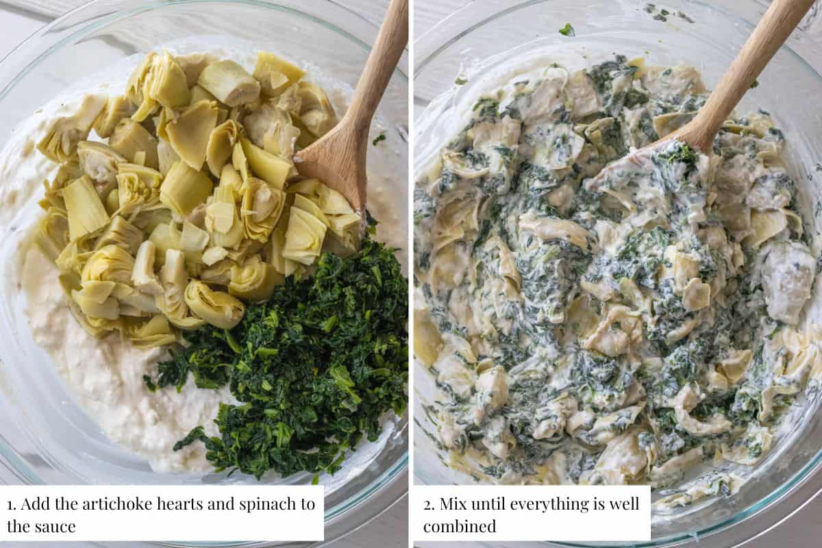 Chopped artichoke hearts and thawed frozen spinach added to the sauce and mixed in.
