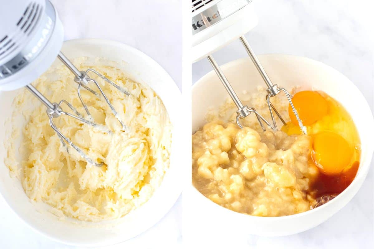 Creamed butter and sugar and then mashed bananas, 2 eggs, and vanilla added.
