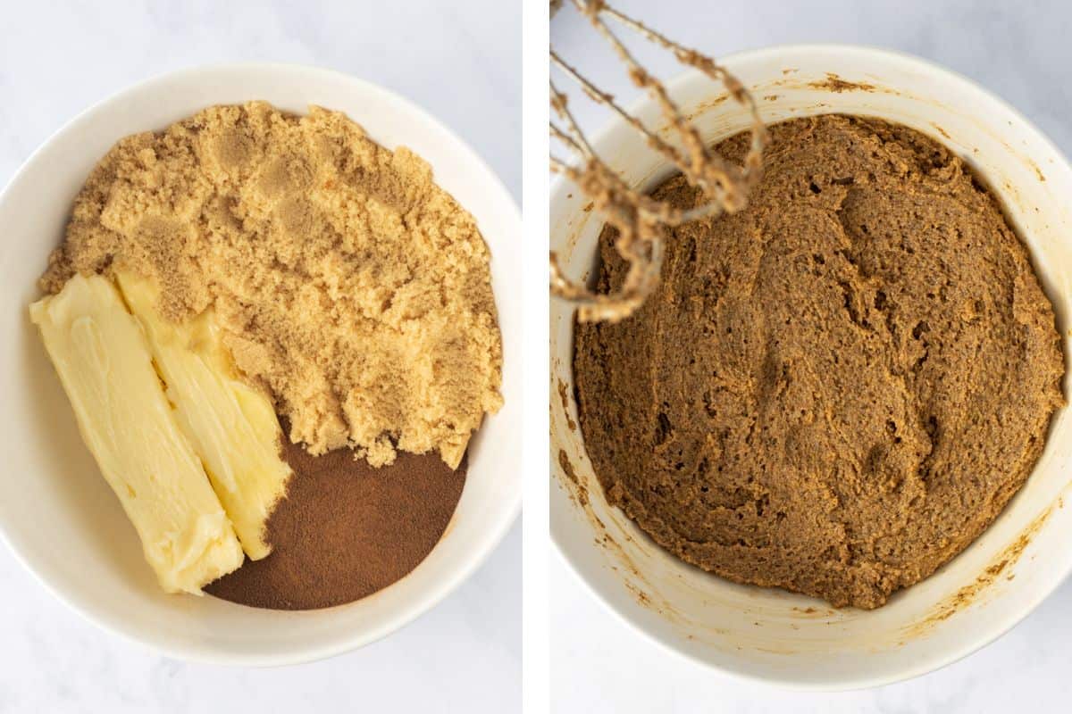 Butter, brown sugar, and espresso powder in a bowl and then creamed together.