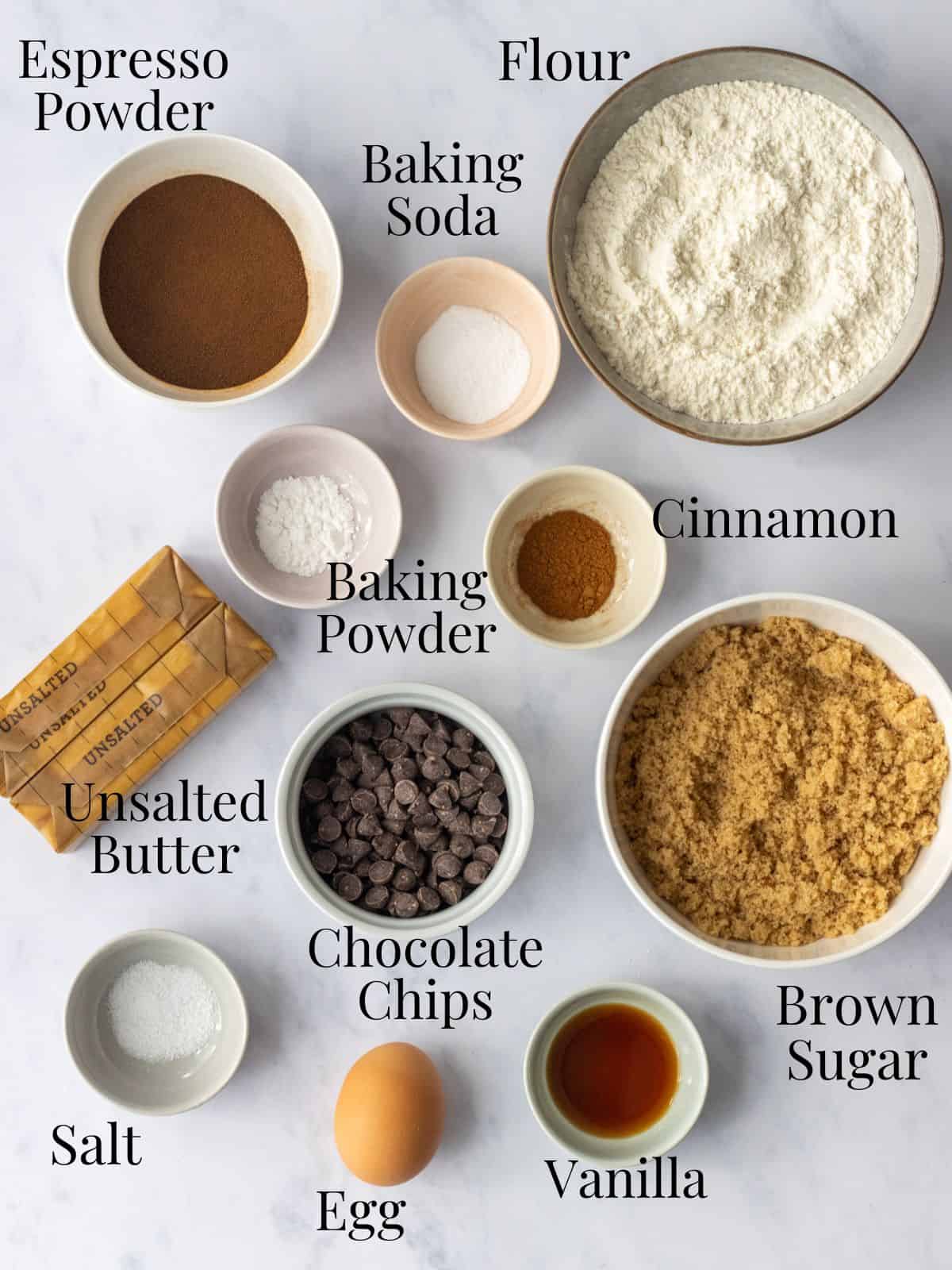 Ingredients with labels for coffee cookies.
