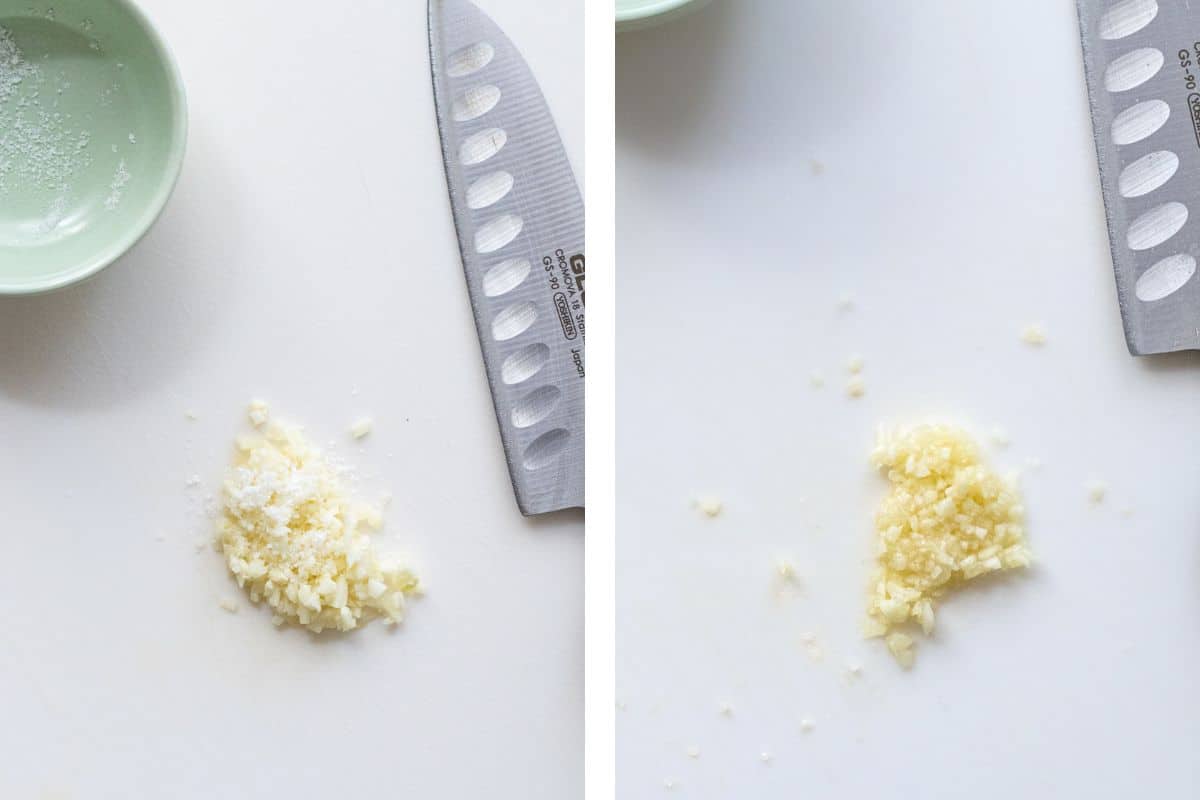 Minced garlic sprinkled with salt and then minced finely.