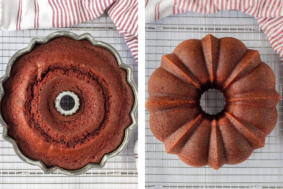 Bottom of bundt cake then the top after it's been dumped out of the pan.