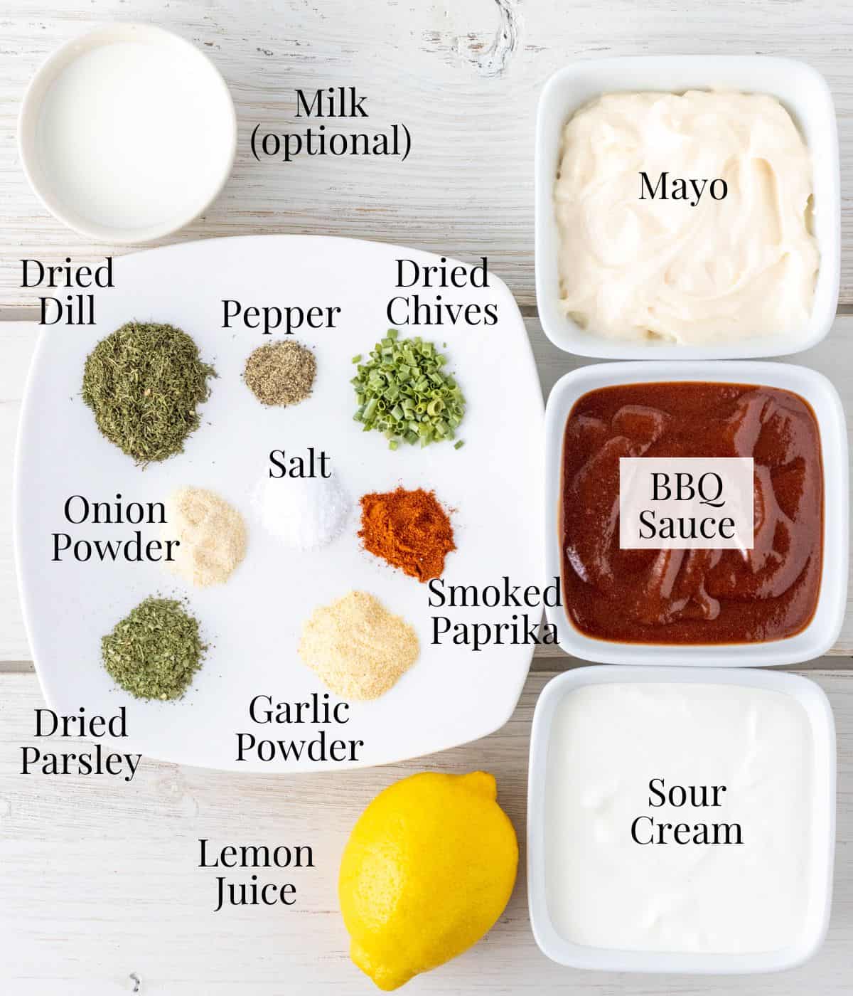 Ingredients for BBQ ranch labeled.