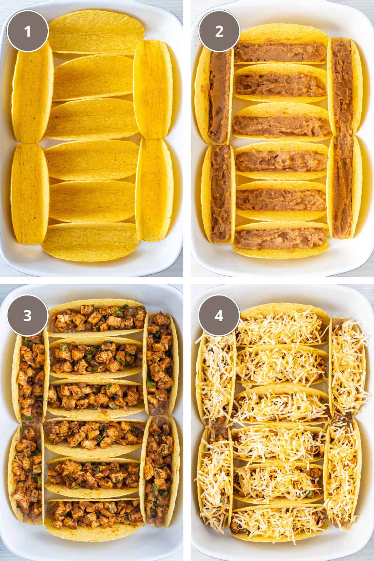 Four part grid showing the assembly steps for baked chicken tacos.