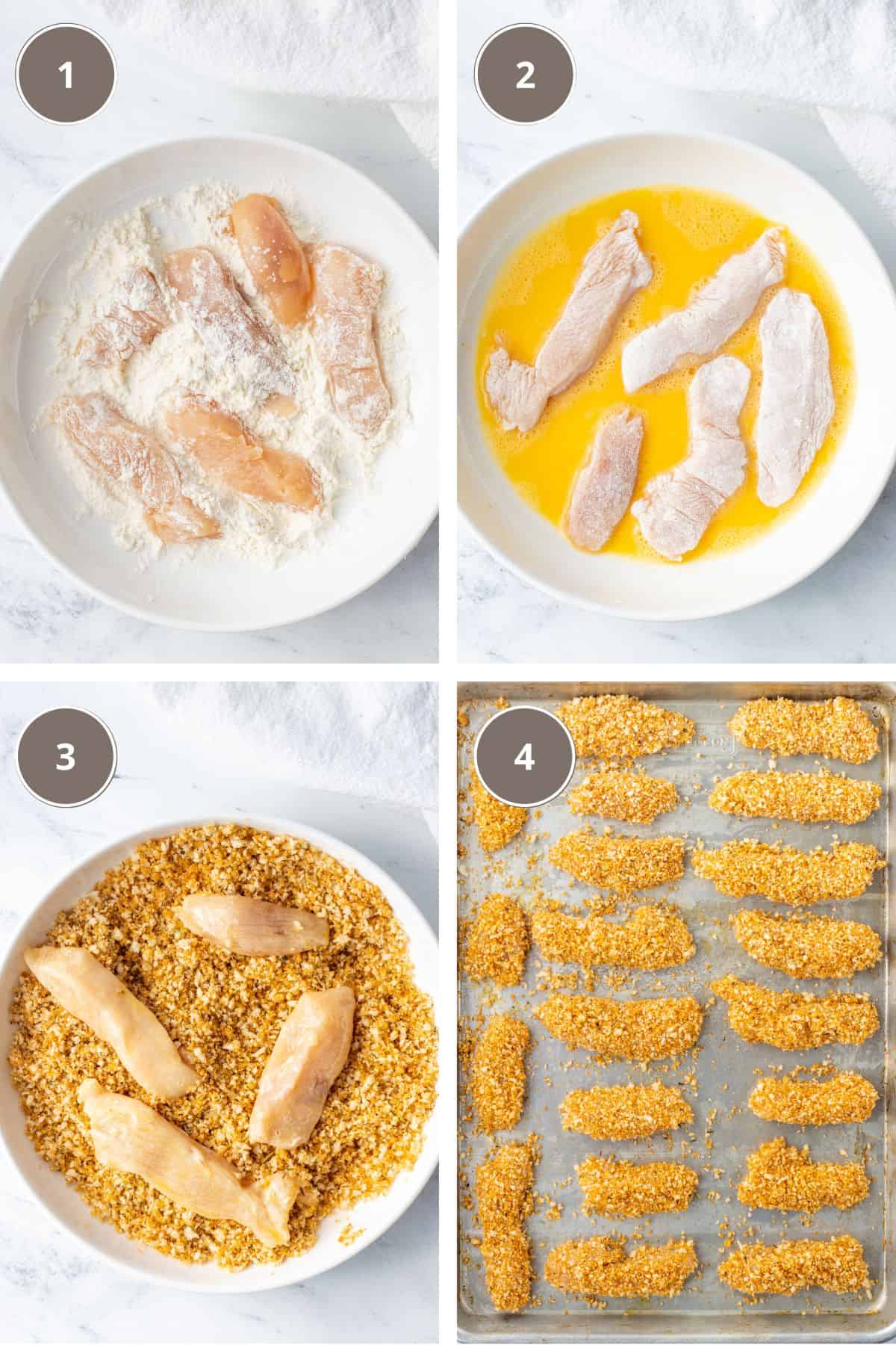 Four part grid showing chicken strips coated in flour, then egg, then bread crumbs, and finally on a baking sheet.