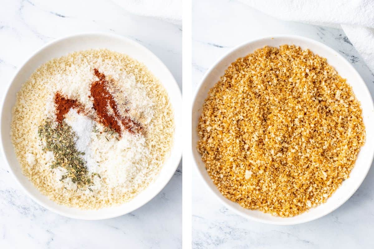 Panko bread crumbs with parmesan, paprika, Italian season, salt, pepper, and garlic powder on top and then mixed together with butter.