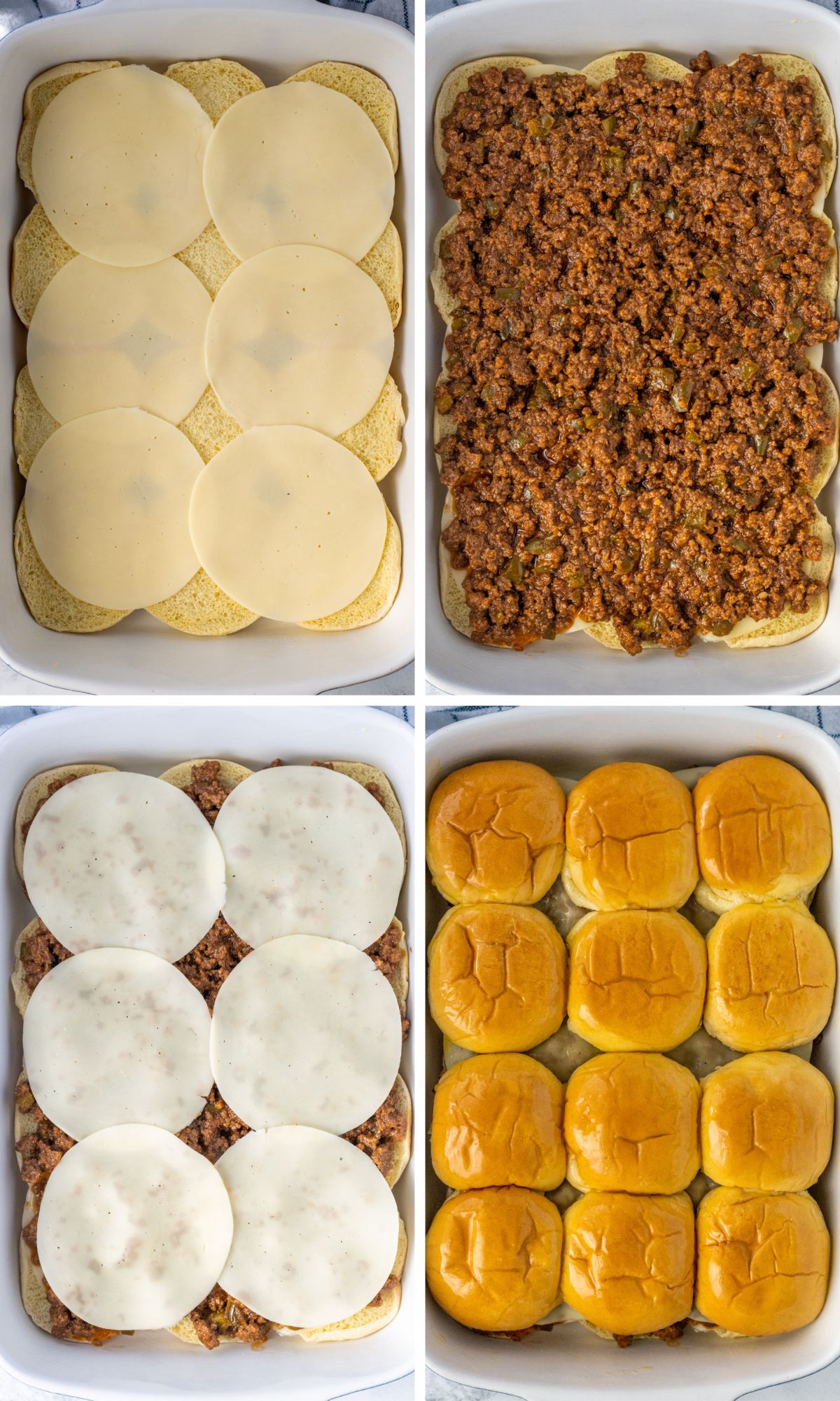 Four part image showing the assembly of sloppy joe sliders.