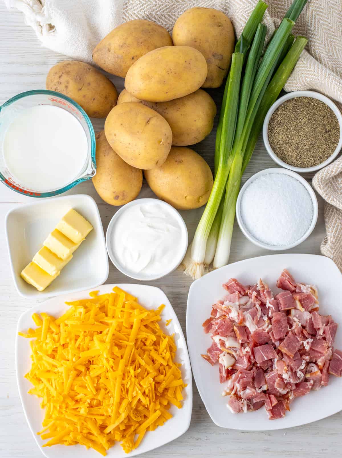 Ingredients for twice baked mashed potatoes.