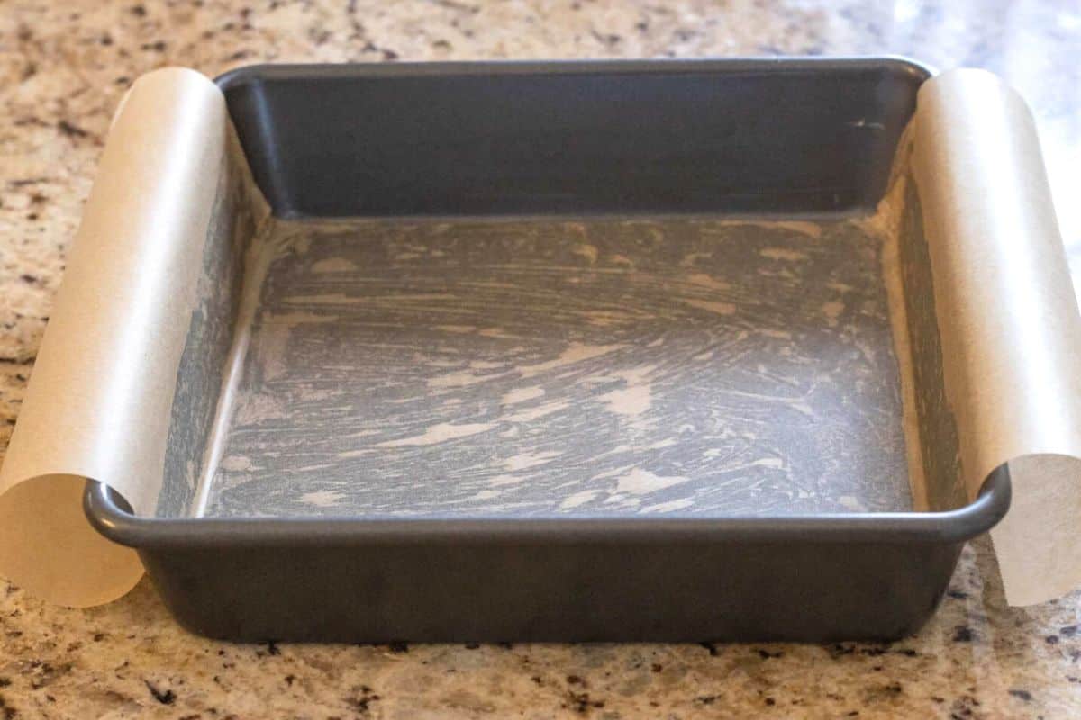 9 by 9 baking dish lined with parchment paper.