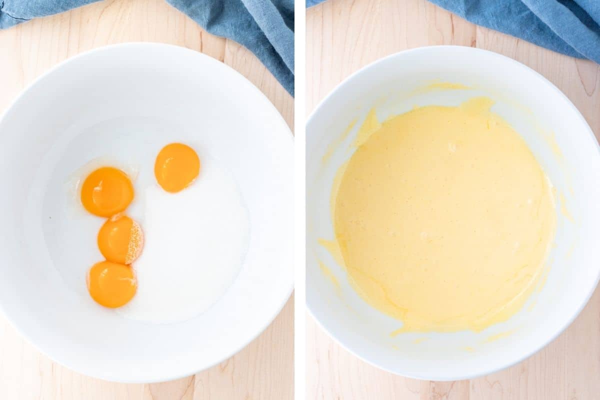 Four egg yolks and sugar in a large bowl and then creamed together until light in color.