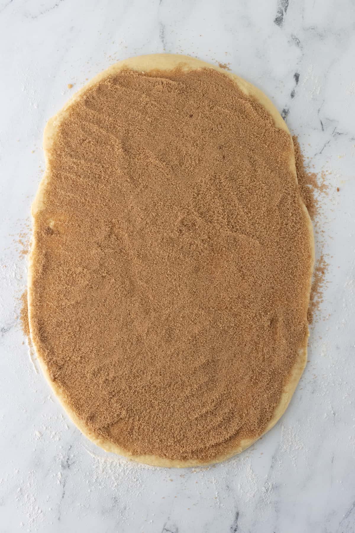 Dough rectangle covered with a cinnamon brown sugar mixture.