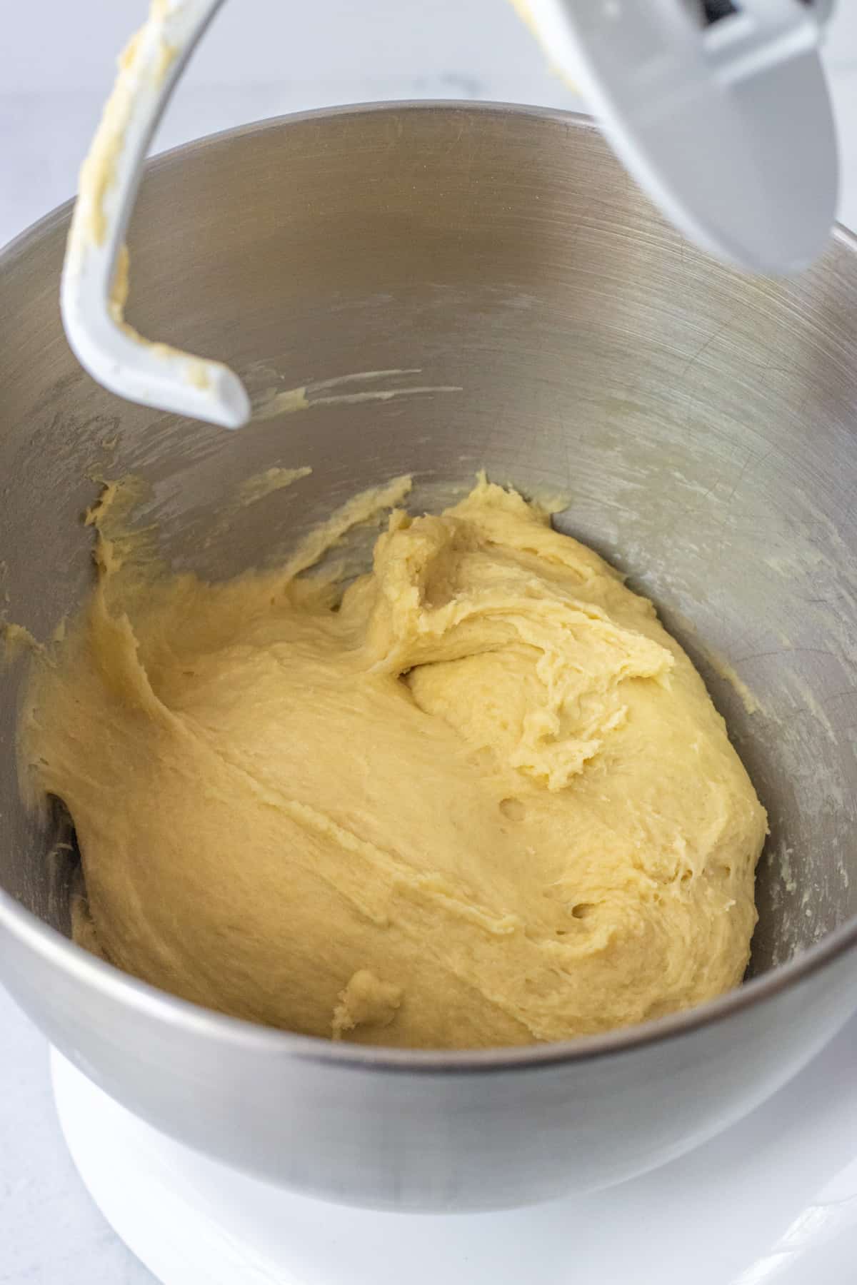 Dough in a stand mixer bowl.