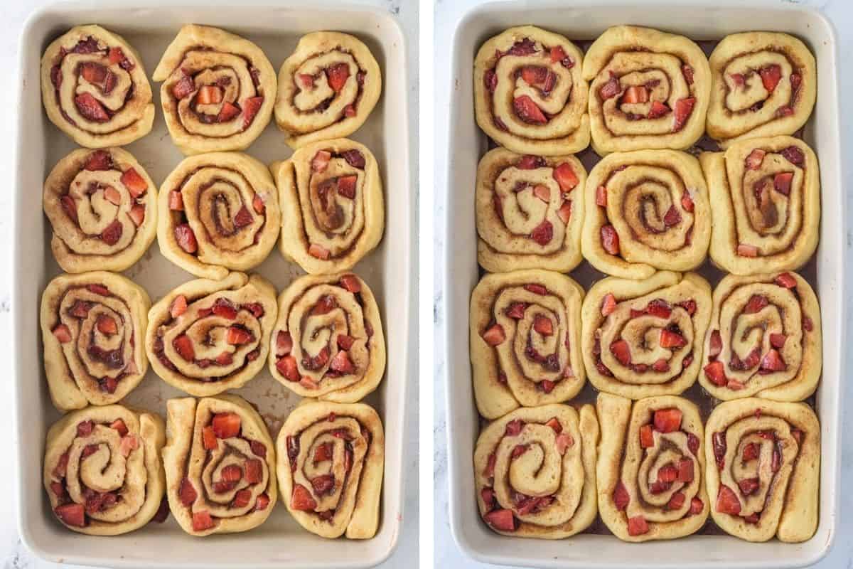 Strawberry cinnamon rolls in a 9x13 baking dish before rising and then after.
