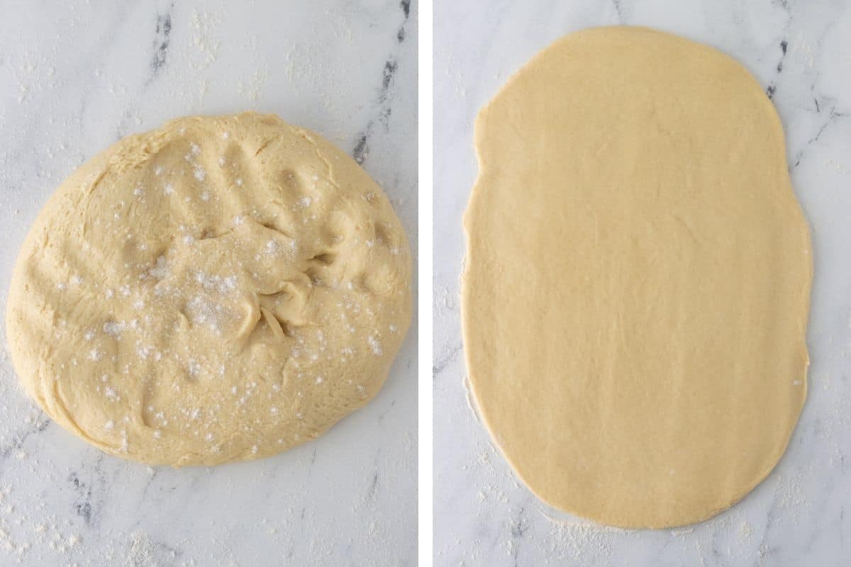 Lightly floured dough ball and then rolled out into a rough rectangle.