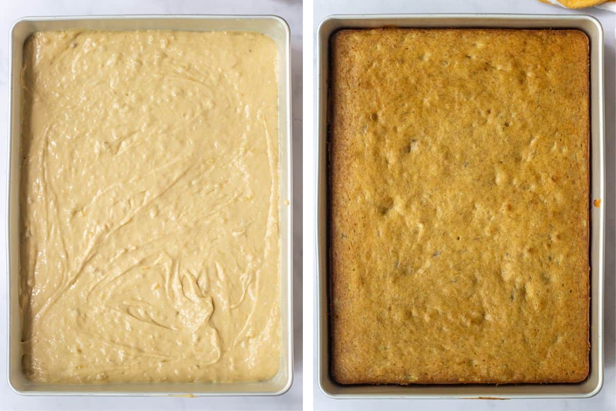 Cake batter in a large baking sheet and the cake baked to golden brown.