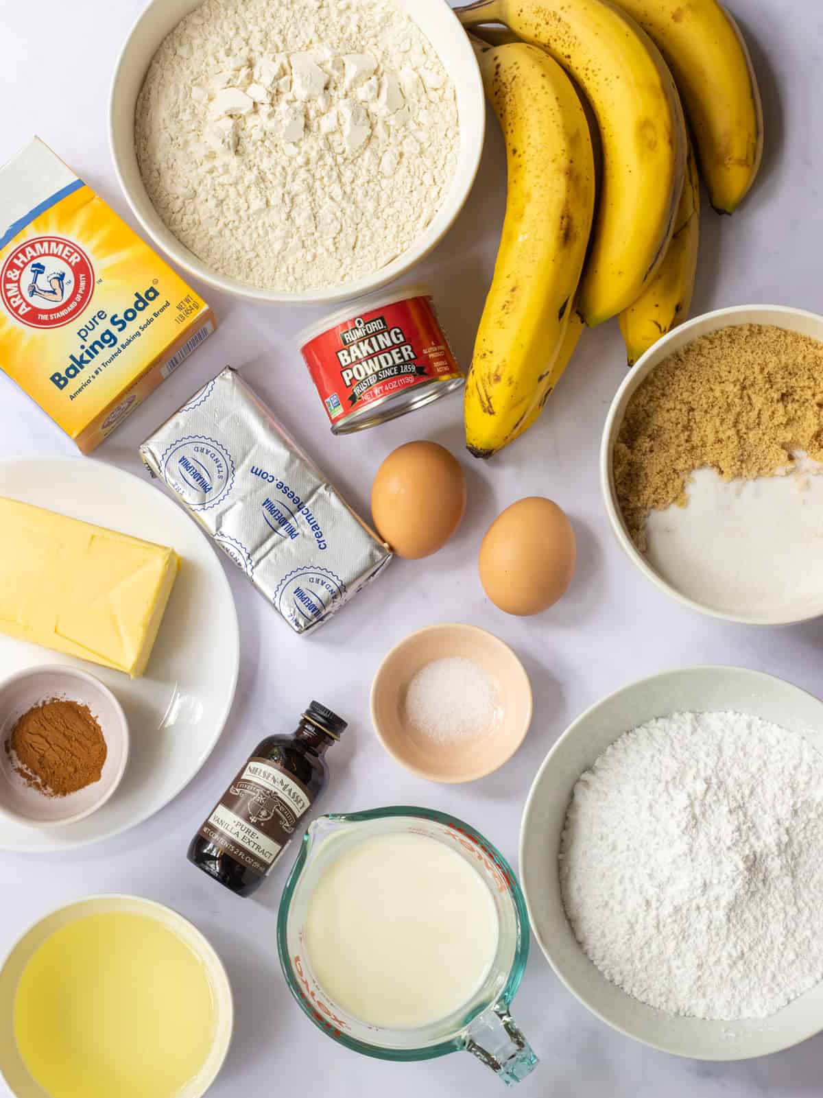 Ingredients for banana cake with cream cheese frosting.
