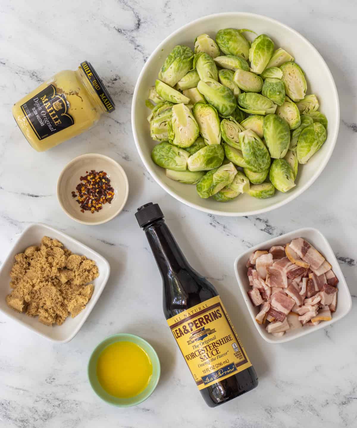 Ingredients for caramelized Brussels sprouts with bacon.