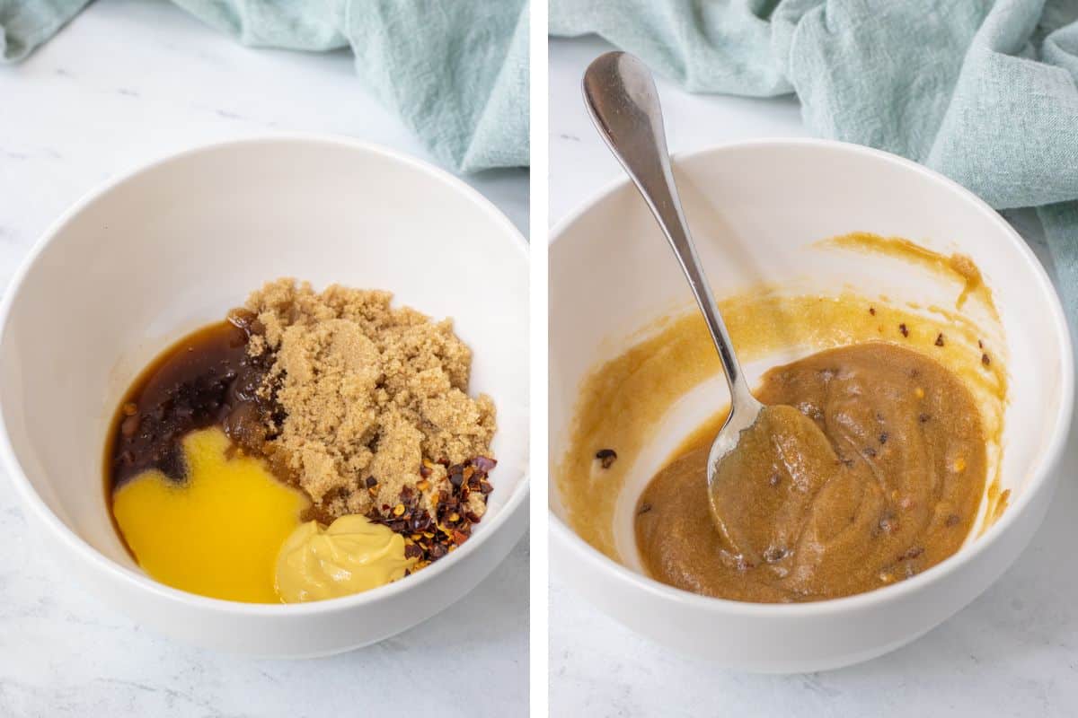Melted butter, Worcestershire sauce, brown sugar, Dijon mustard, and red pepper flakes in a bowl next to a towel and then the ingredients mixed together.