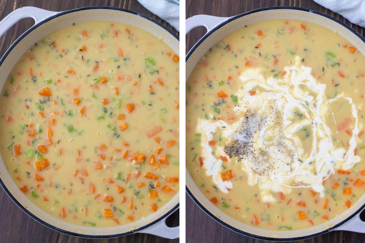 Chicken pot pie filling before and after adding the heavy cream.