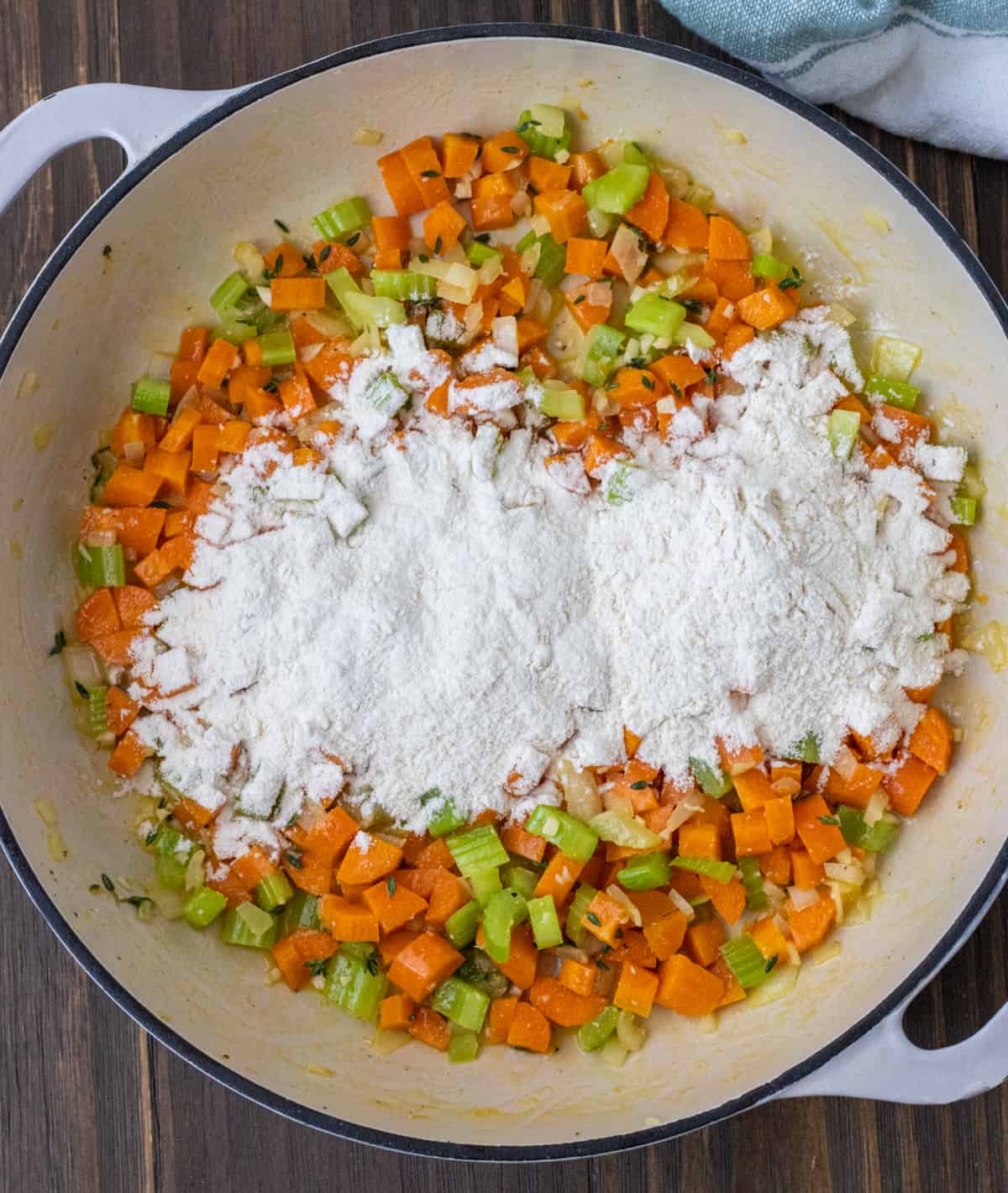 Flour on top of sautéd onion, celery, and carrots.