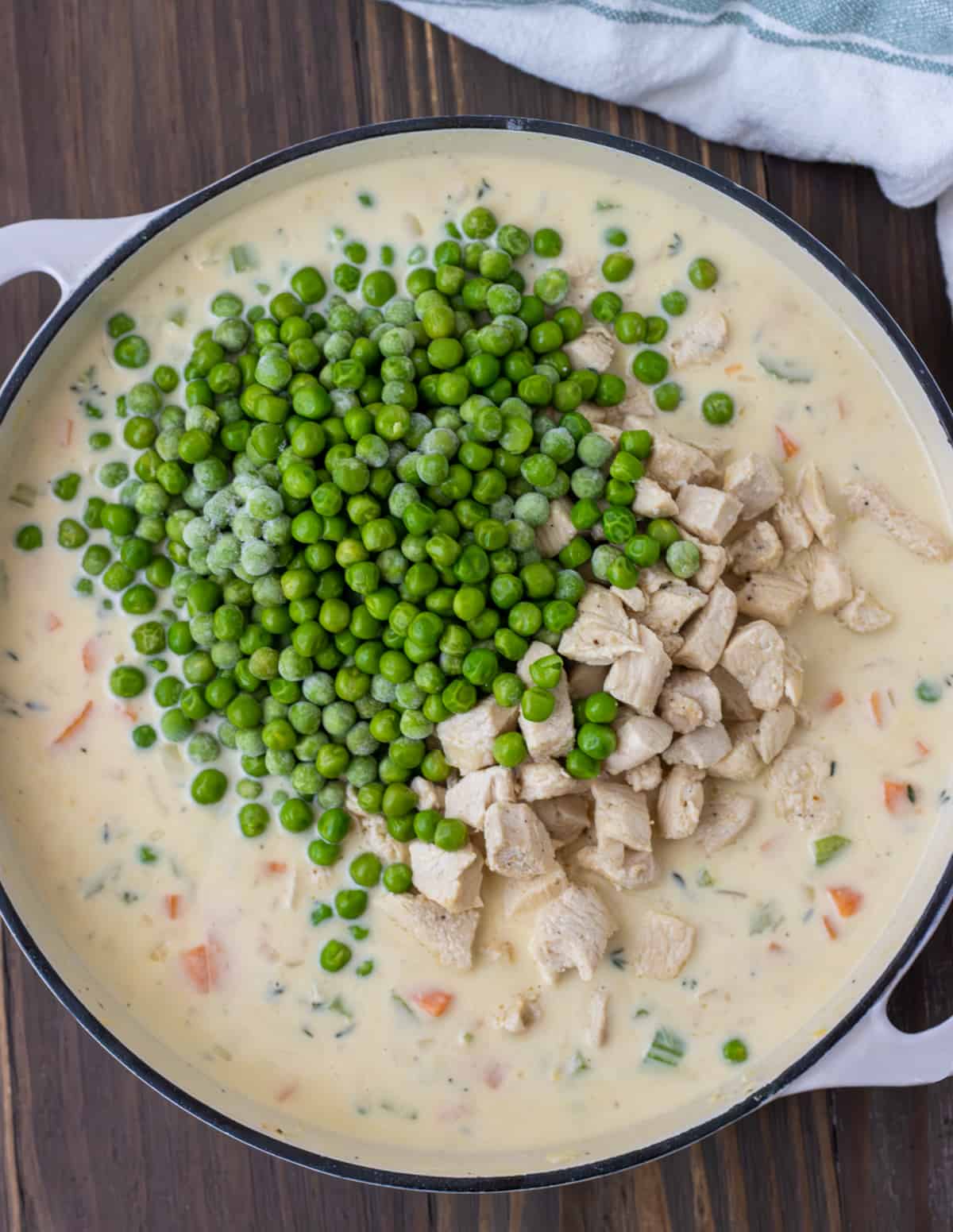 Cooked chicken and frozen peas added to the chicken pot pie filling.