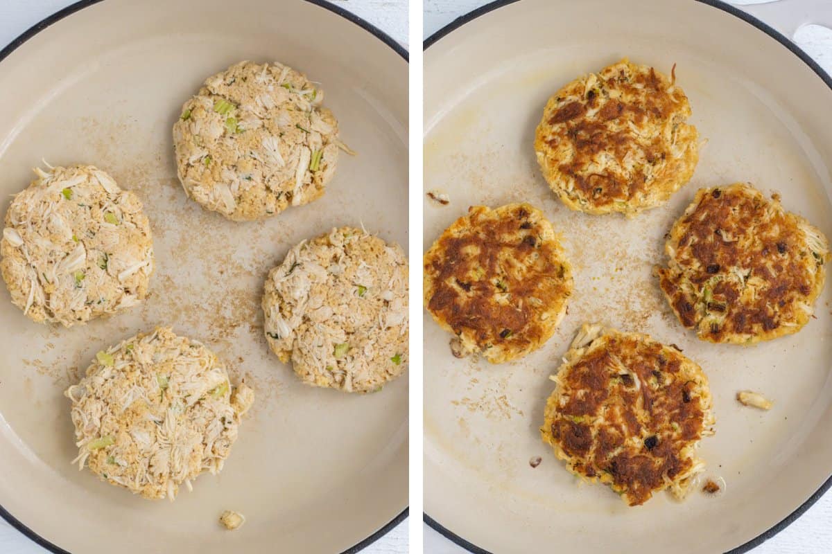 Four crab cakes in a skillet cooking and then flipped over to show browned side.