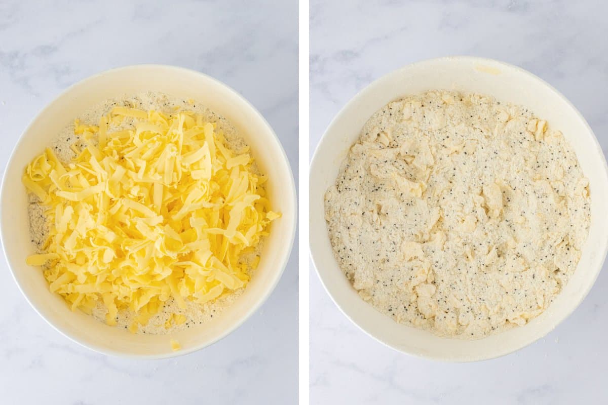 Butter grated on top of dry ingredients and then mixed in.