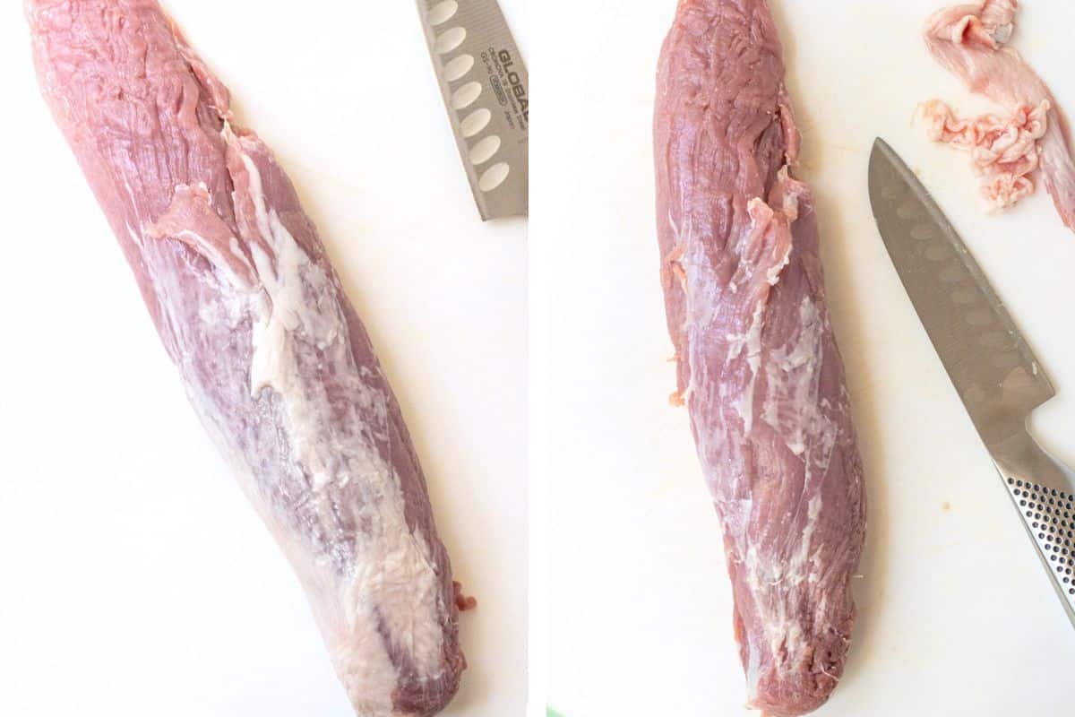 Two part image showing the pork tenderloin with the silverskin and fat still on and then cut away.