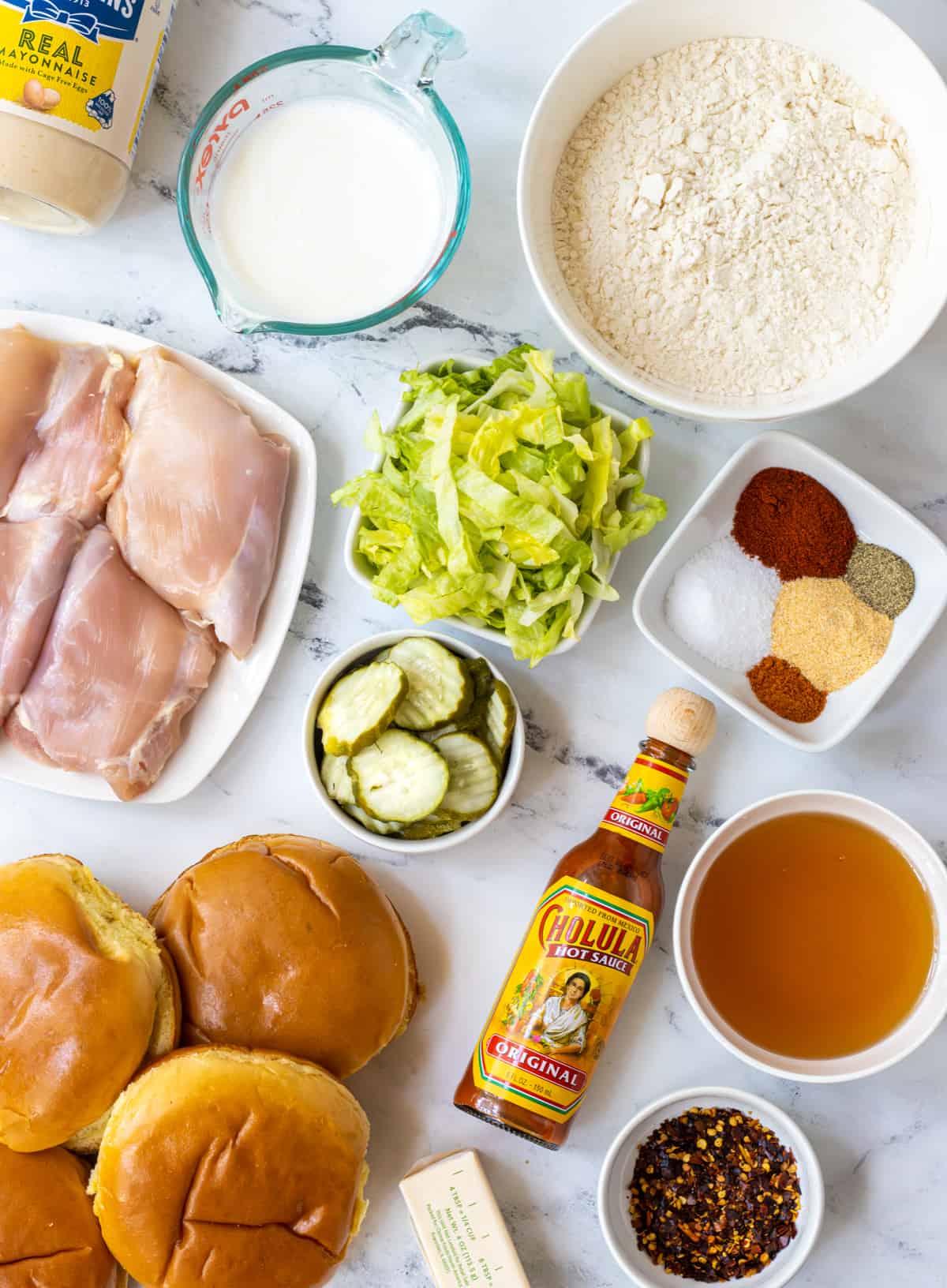 Ingredients for hot honey chicken sandwiches.