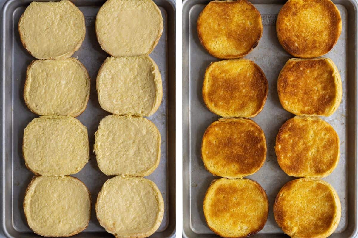 Buttered buns and then toasted to a golden brown.