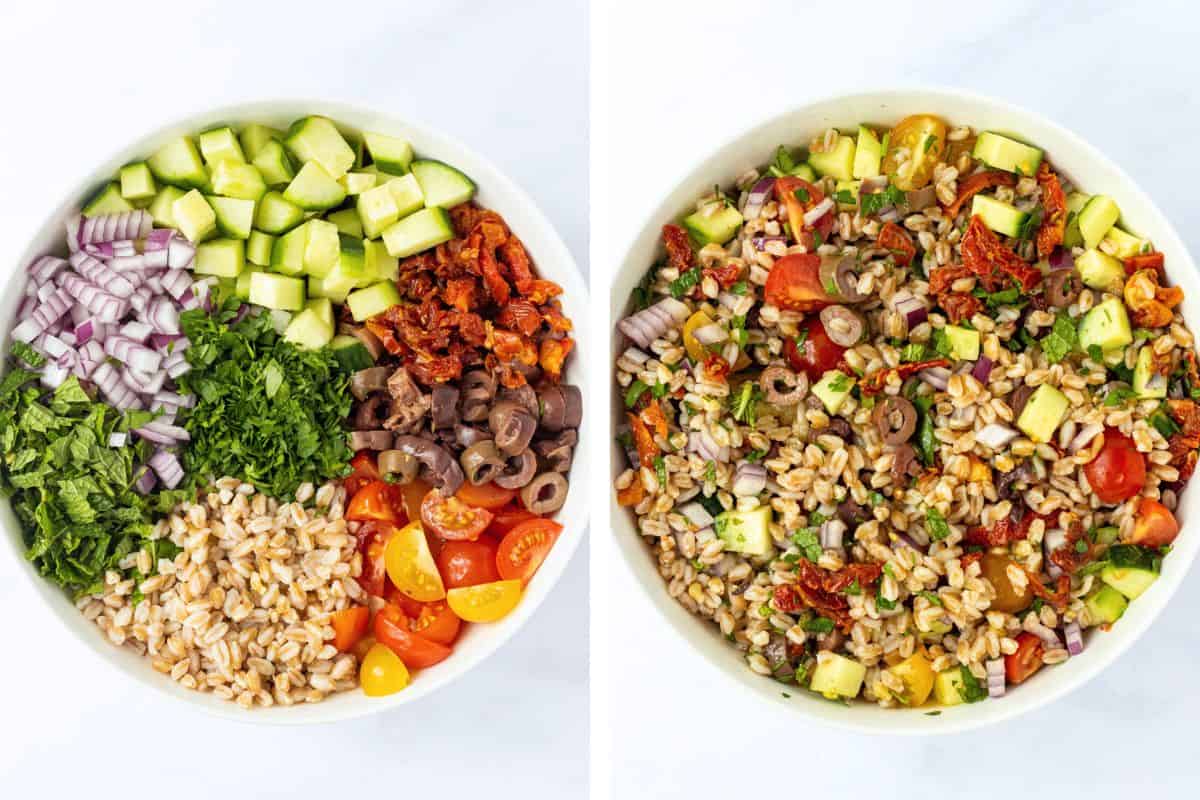 Mediterranean farro salad components in a bowl and then mixed together.