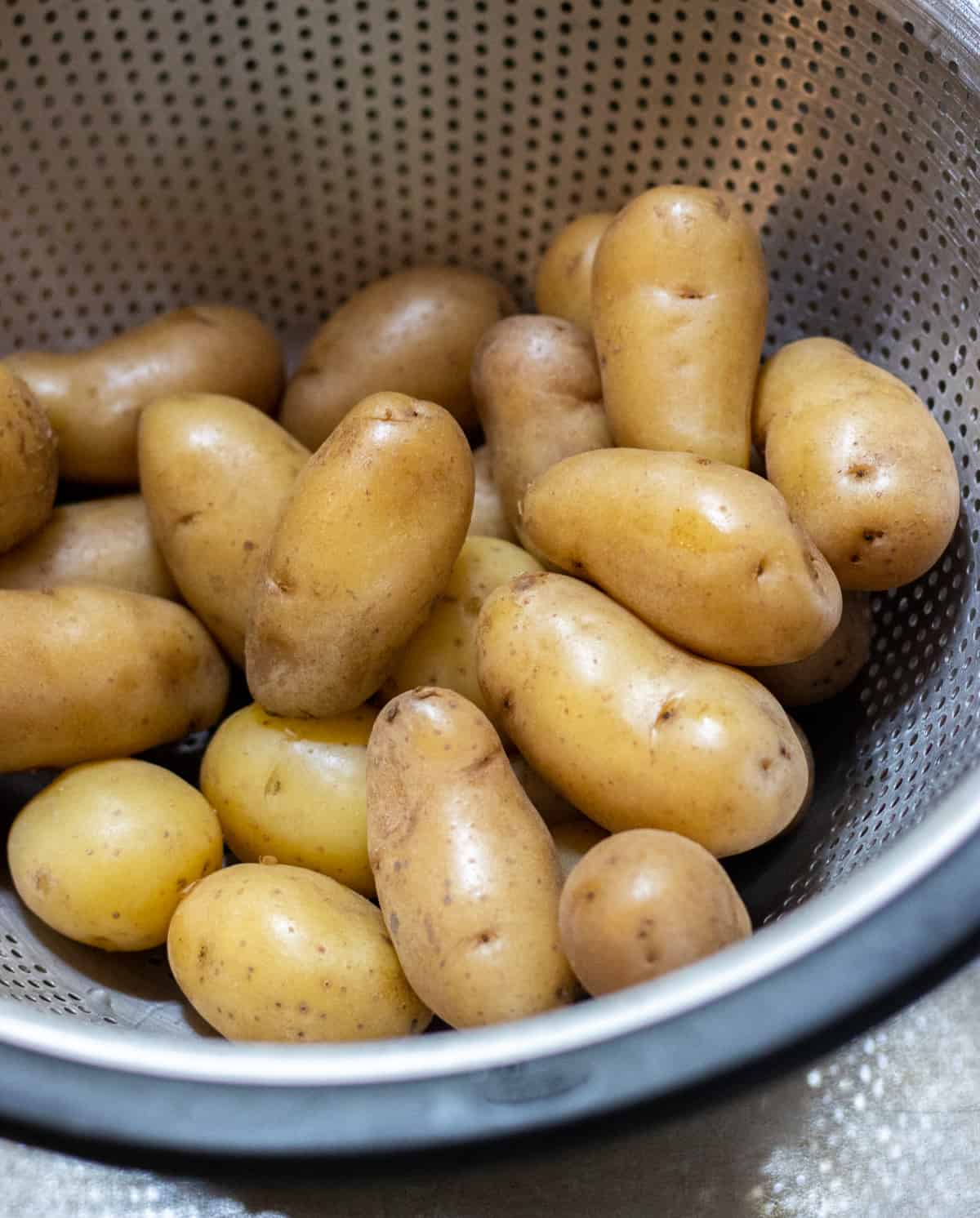 Boiled fingerling potatoes in a metal colander.