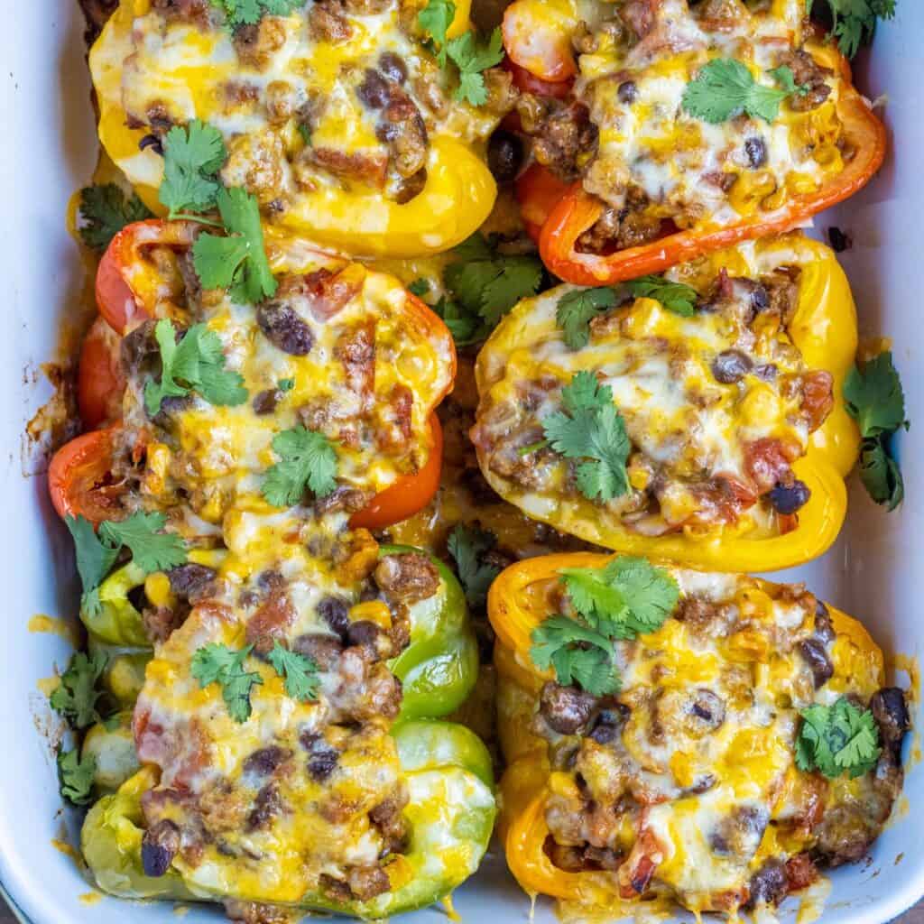Six taco stuffed peppers in a baking dish.