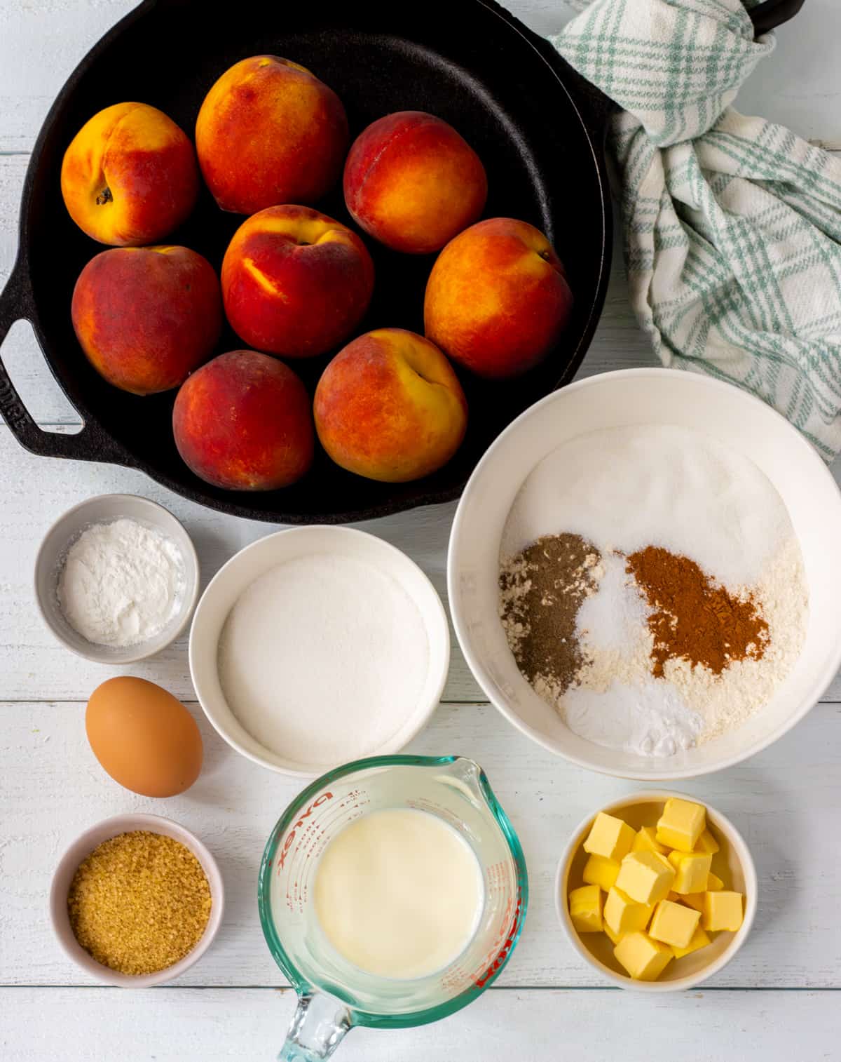 Ingredients for cast iron peach cobbler.