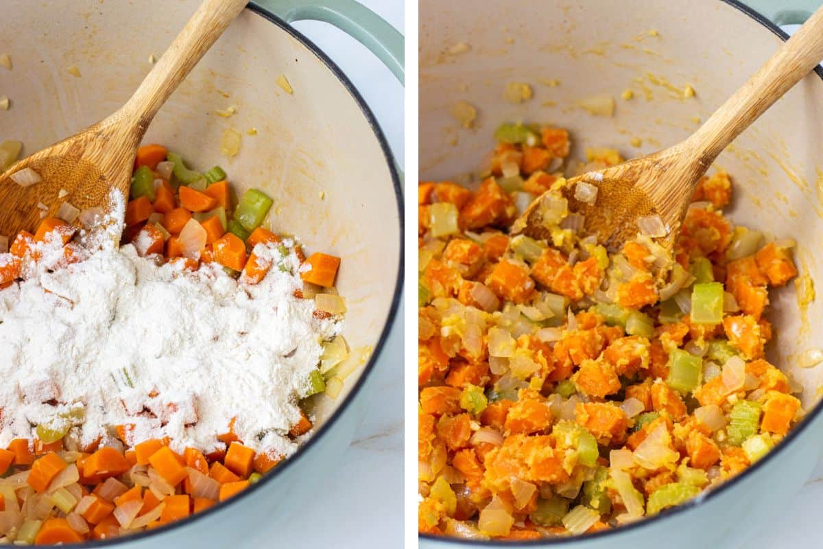 Diced veggies with flour sprinkled over them in a large pot with a wood spoon.