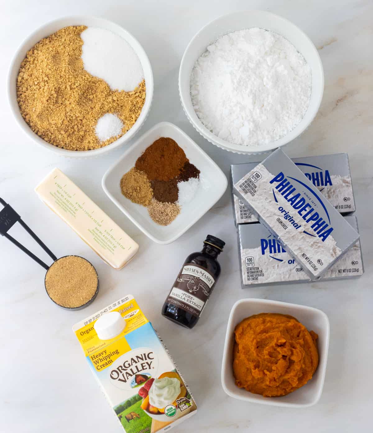 Ingredients for pumpkin cheesecake bars.