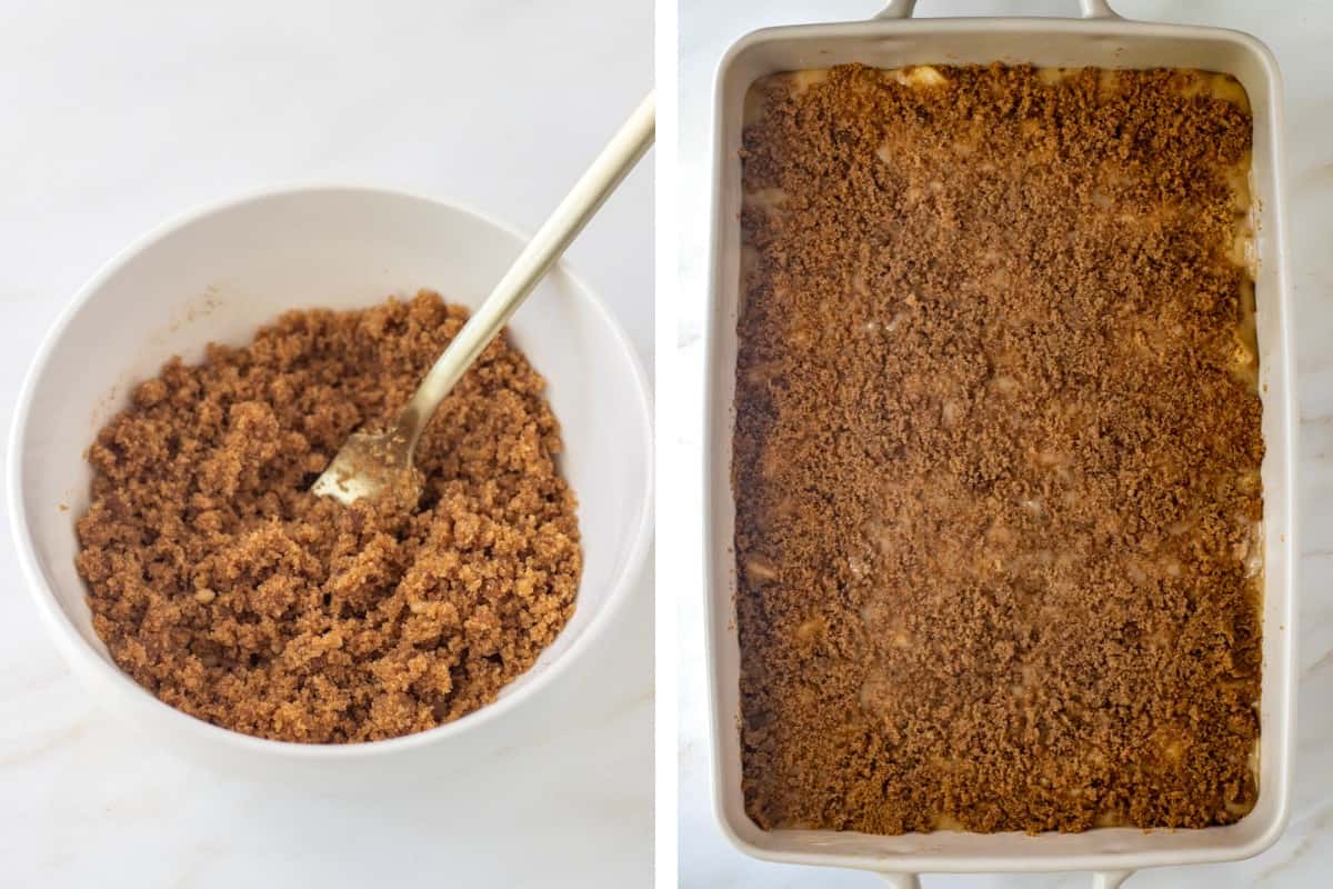 Cinnamon sugar mixture in a bowl with a fork and then spread over cake batter.