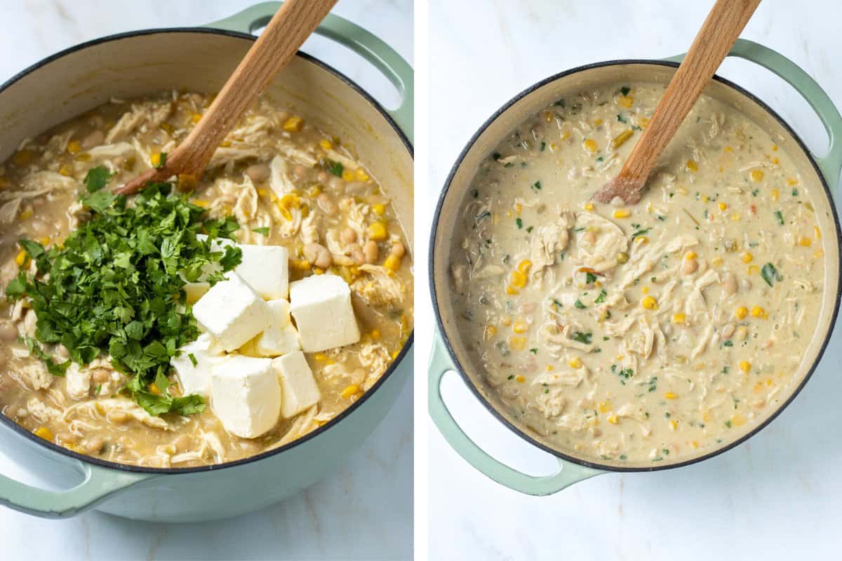 Cubed cream cheese and  cilantro added to a pot of white chicken chili and then the chili after they're mixed in.