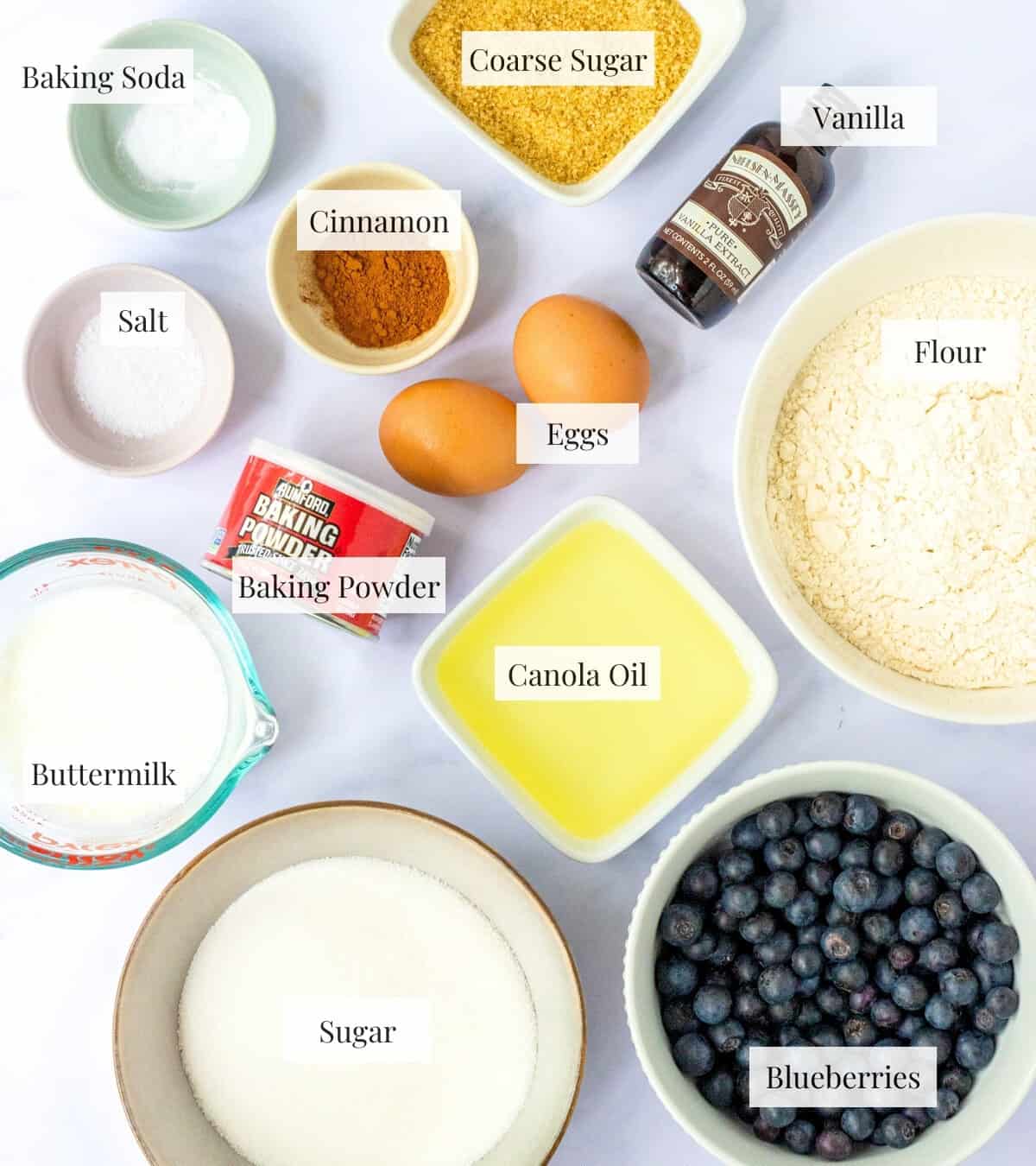 Ingredients for blueberry buttermilk muffins with labels. 
